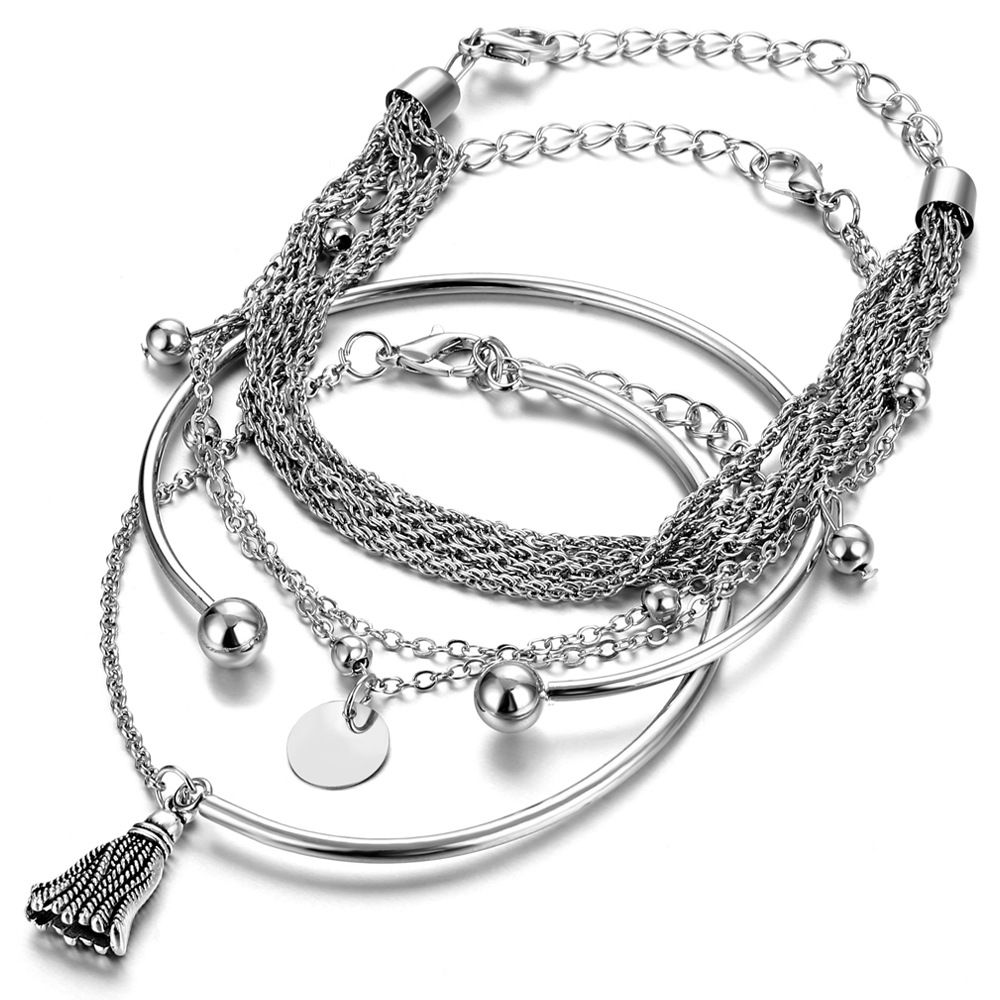 4PCS Fashion Bracelets Sets for Women Silver Layered Tassel Pendant Charms Hand Chain Stackable Wrap Bangle Bracelet Jewelry Accessories