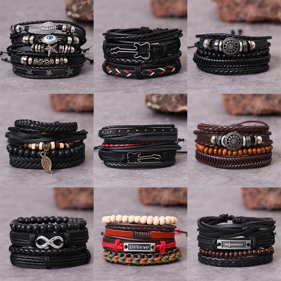 Braided Leather Bracelets for Women Men Wrap Wood Beads Bracelet Woven Ethnic Tribal Rope Wristbands Bracelets Set