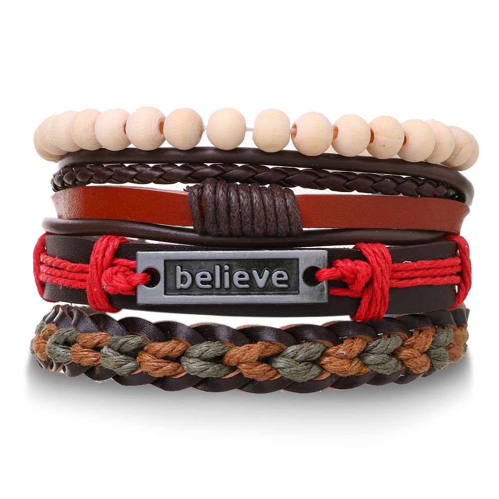 Braided Leather Bracelets for Women Men Wrap Wood Beads Bracelet Woven Ethnic Tribal Rope Wristbands Bracelets Set