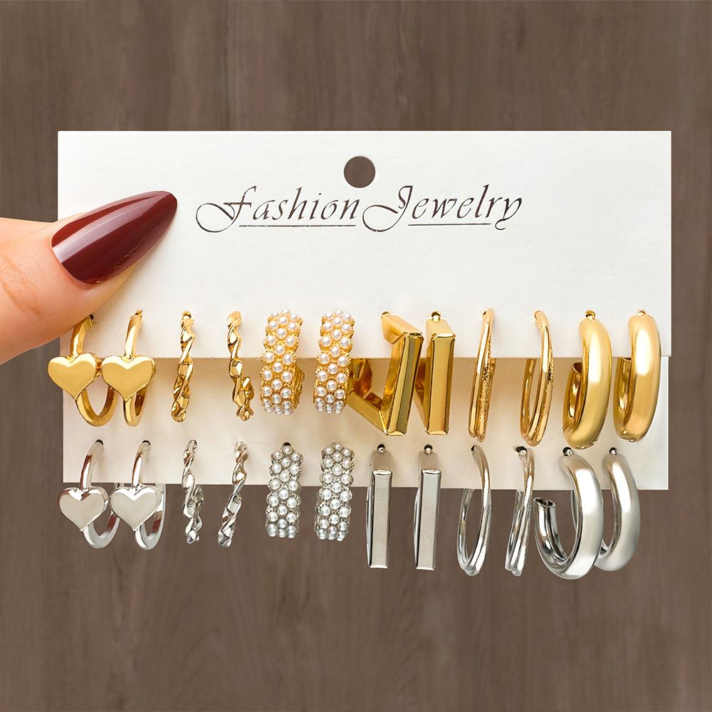 Multi-Pairs Gold Hoop Earrings Set for Women Multipack Fashion Dangle Heart Statement Pearl Earrings Jewelry for Birthday Party Gift