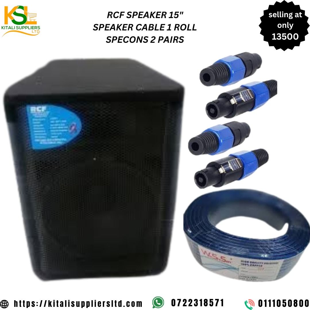 Get the ultimate sound setup with the RCF 15" speaker, 100m speaker cable, and 2 pairs of Speakon connectors. Powerful, durable, and perfect for DJs, churches & events. Available now in Kenya!