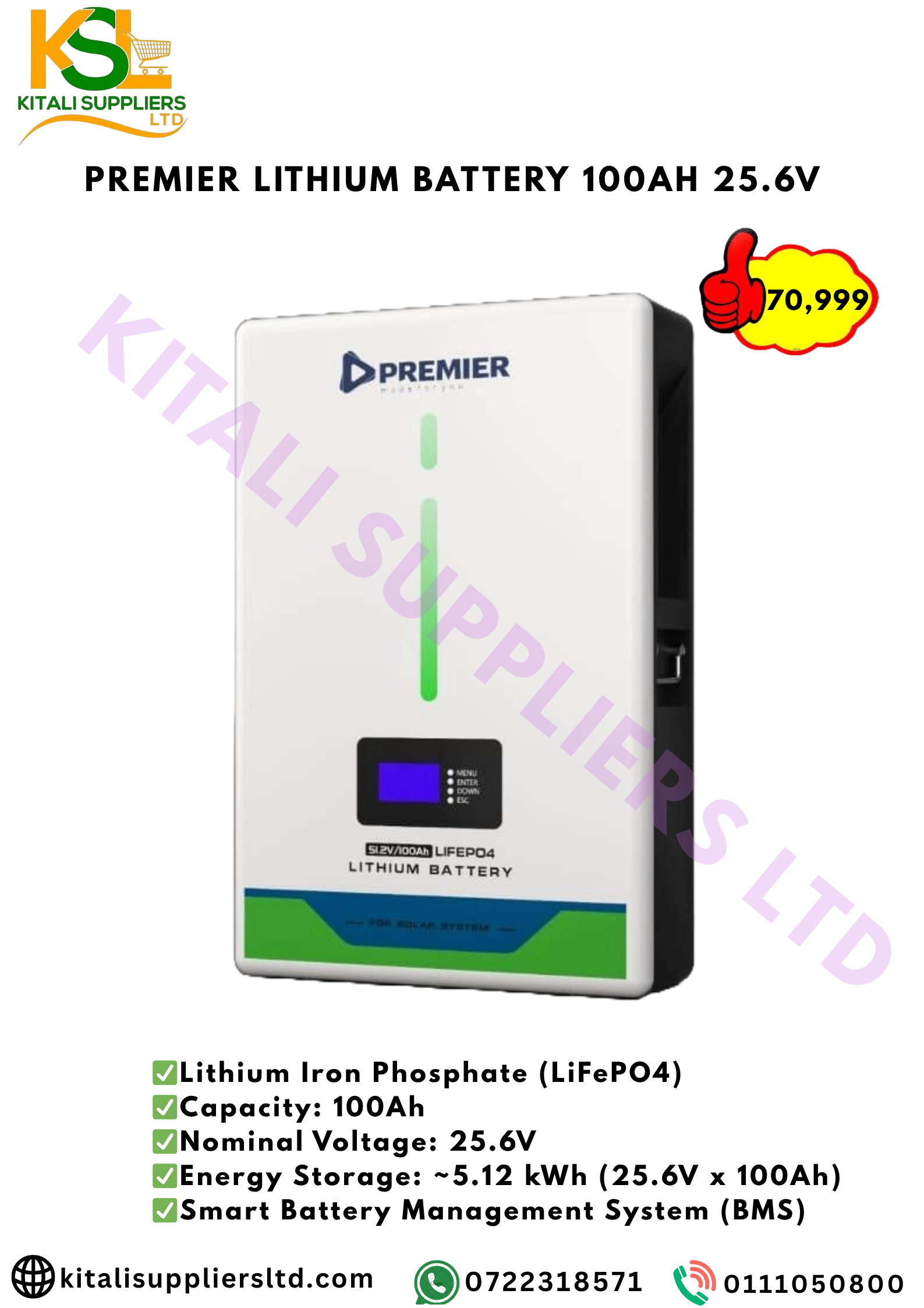 Premier Lithium Battery 100Ah 25.6V 2.56kWh storage capacity Lithium Iron Phosphate (LiFePO4) cycle life of over 6000 cycles at 80% depth of discharge (DoD), Battery Management System (BMS)