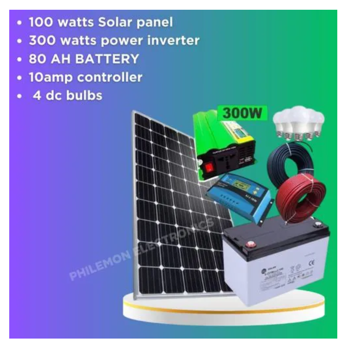 German Technology Solar Full-kit Comprising Of 100 Watts Solar Panel + 80 AH Battery + 300 W Inverter + 10 Amp Charge Controller + 4 Bulbs