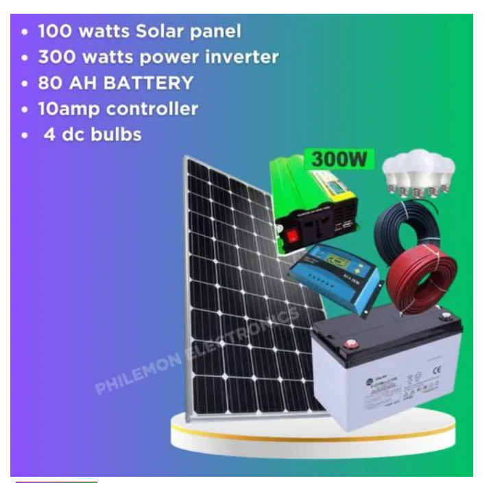 Solarmax Special All-Weather Solar Panel Full Kit – 100W Solar Panel + 80AH Battery + 10A Solar Charge Controller + FREE Bulbs