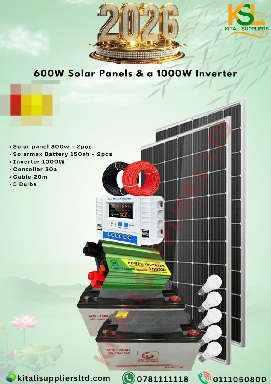 600W Solar Full Kit with 2×300W Panels, 2×150Ah Batteries & 1000W Inverter, 30A Controller, 20M Cable