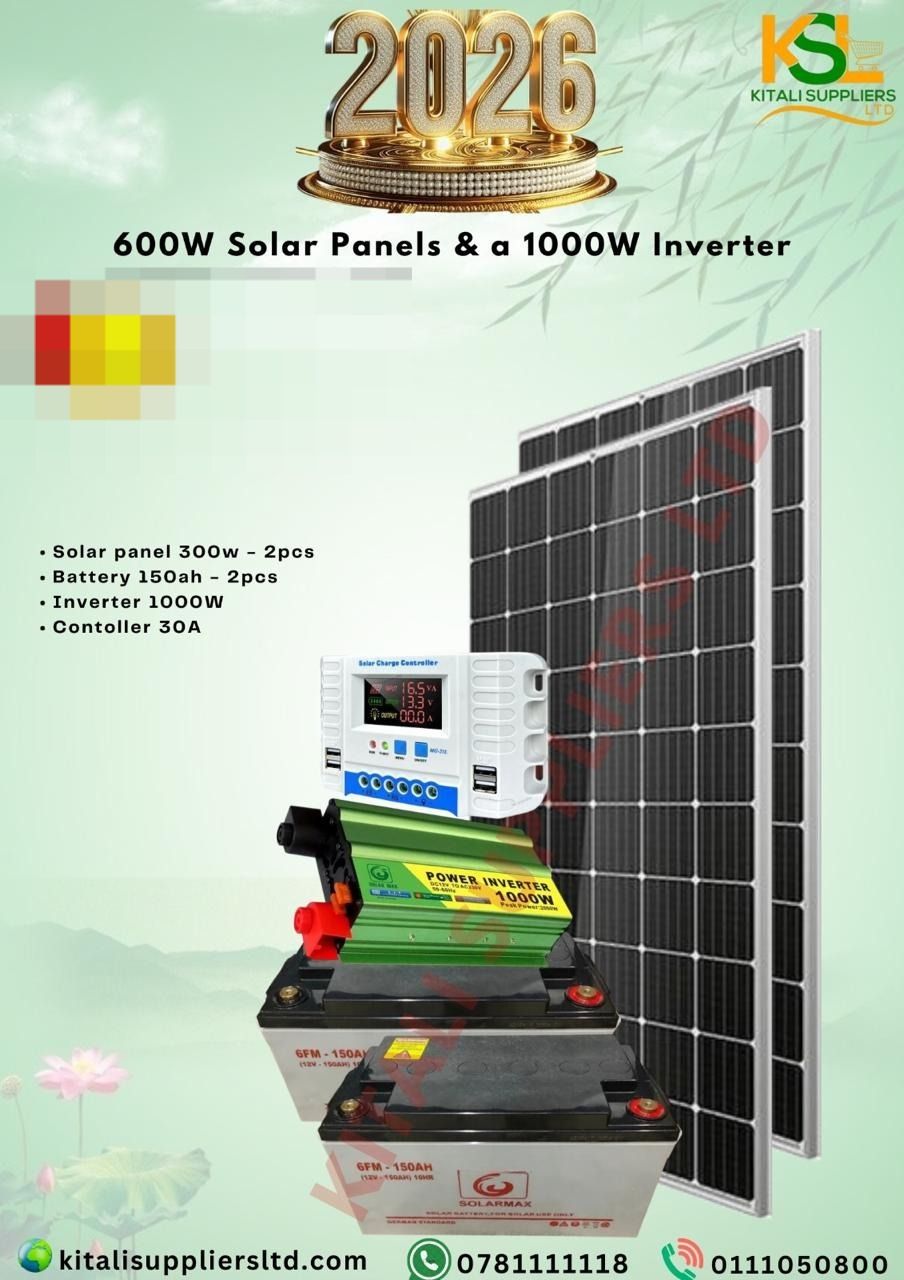 600W Solar Full Kit – 2×300W Panels, 2×150Ah Batteries, 1000W Inverter, 30A Controller