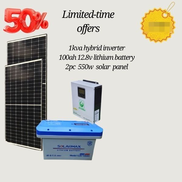 1KVA Hybrid System With 550WW Solar Panel 2pcs , 1KVA Hybrid Inverter and 100Ah Lithium Battery
