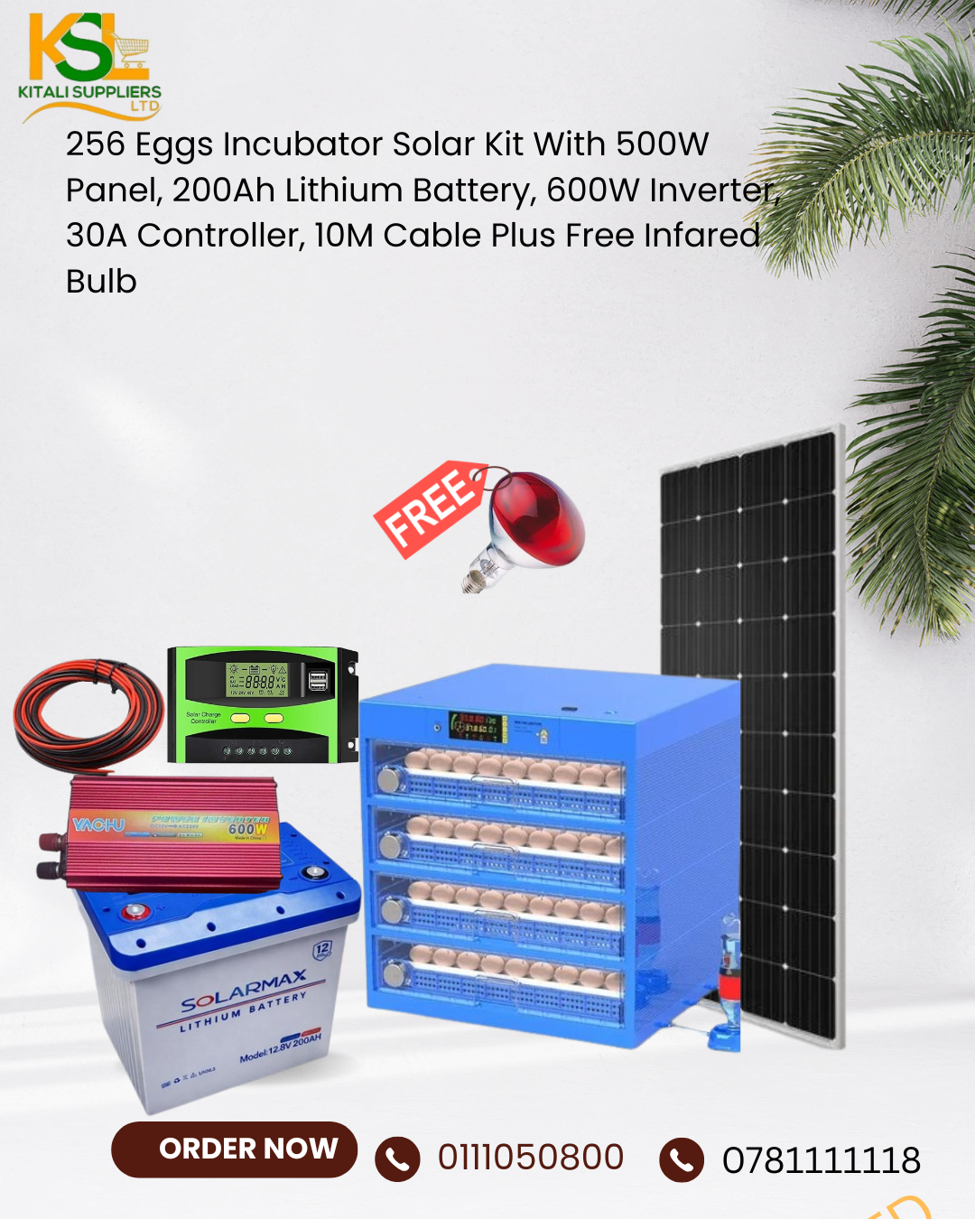 256 Eggs Solar Incubator Kit – 500W Panel, 200Ah Lithium, 600W Inverter, 30A Controller + Free Infrared Bulb