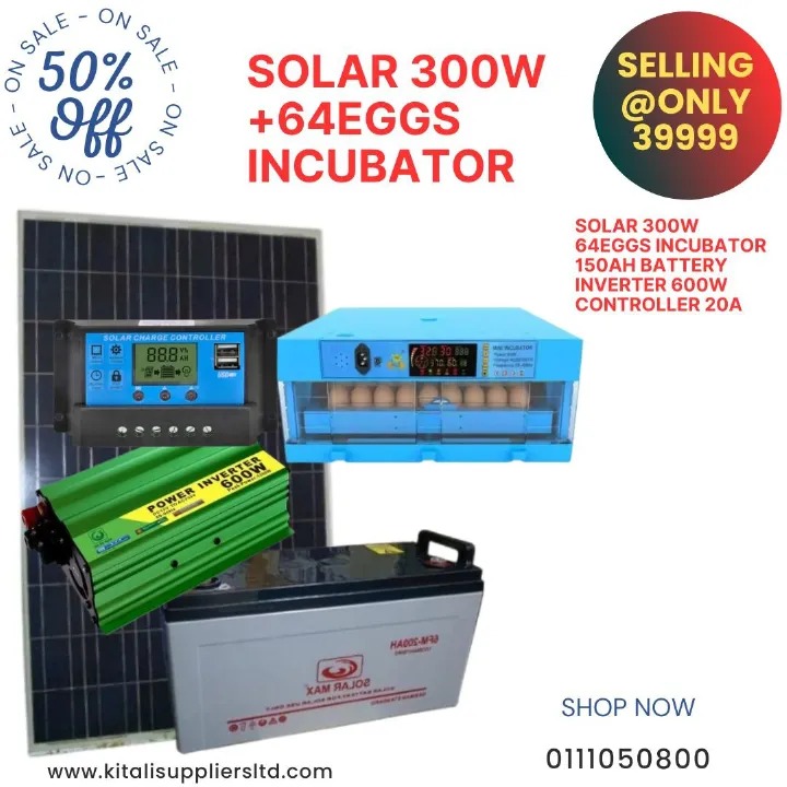 Solar Incubator Kit – 300W Panel, 150Ah Battery, 64-Egg Incubator, 600W Inverter & 20A Controller