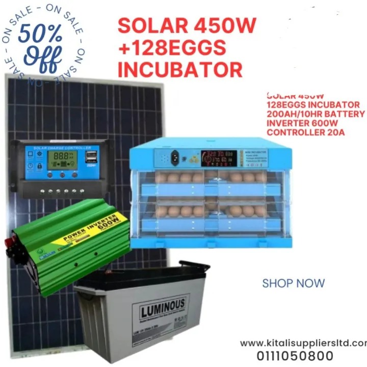 128-Egg Solar Incubator Kit – 450W Panel, 200Ah Battery, 600W Inverter & 20A Controller