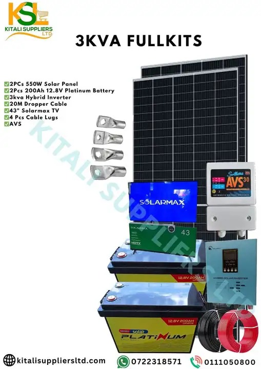 Complete Solar Kit – 2×550W Solar Panels + 2×200Ah 12V Lithium Batteries + 3kVA Hybrid Inverter + 43" Solarmax TV + Accessories