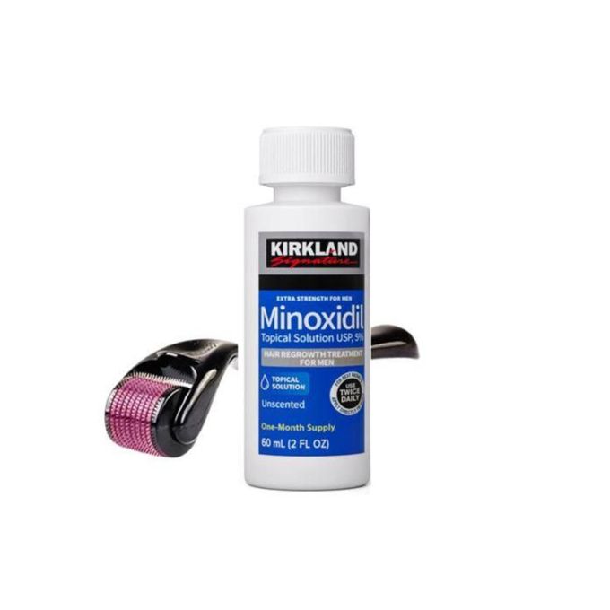 Kirkland Minoxidil Free 0.5mm Derma Roller + 5% Minoxidil Topical Solution - 1 Month Supply Hair Regrowth Treatment