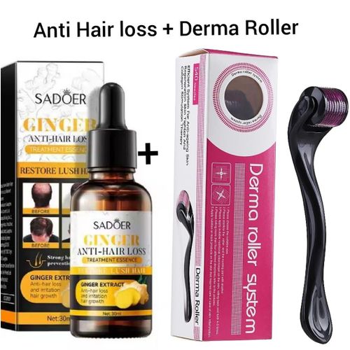 SADOER Ginger Anti Hair Loss Treatment Essence + Derma Roller , Hair Growth Restoration Anti Hair Loss Serum Minoxidil