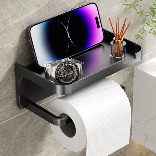 Toilet Paper Holder with Storage Shelf Simple Installation Self-Adhesive Roll Paper Rack Mobile Phone Holder Bathroom Organizer