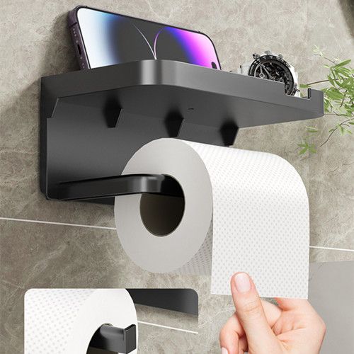 Toilet Paper Holder with Storage Shelf Simple Installation Self-Adhesive Roll Paper Rack Mobile Phone Holder Bathroom Organizer