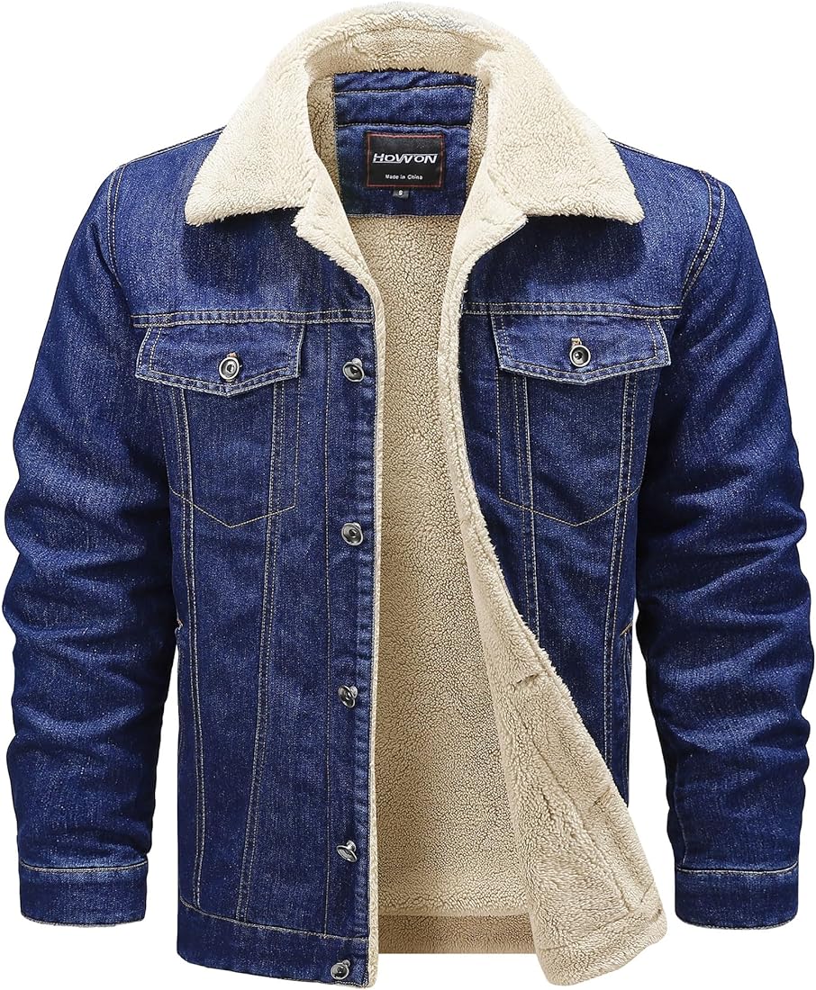 Men's Plus Cotton Warm Fur Collar Denim Fashion Men Woolen Jeans Jacket-BLUE
