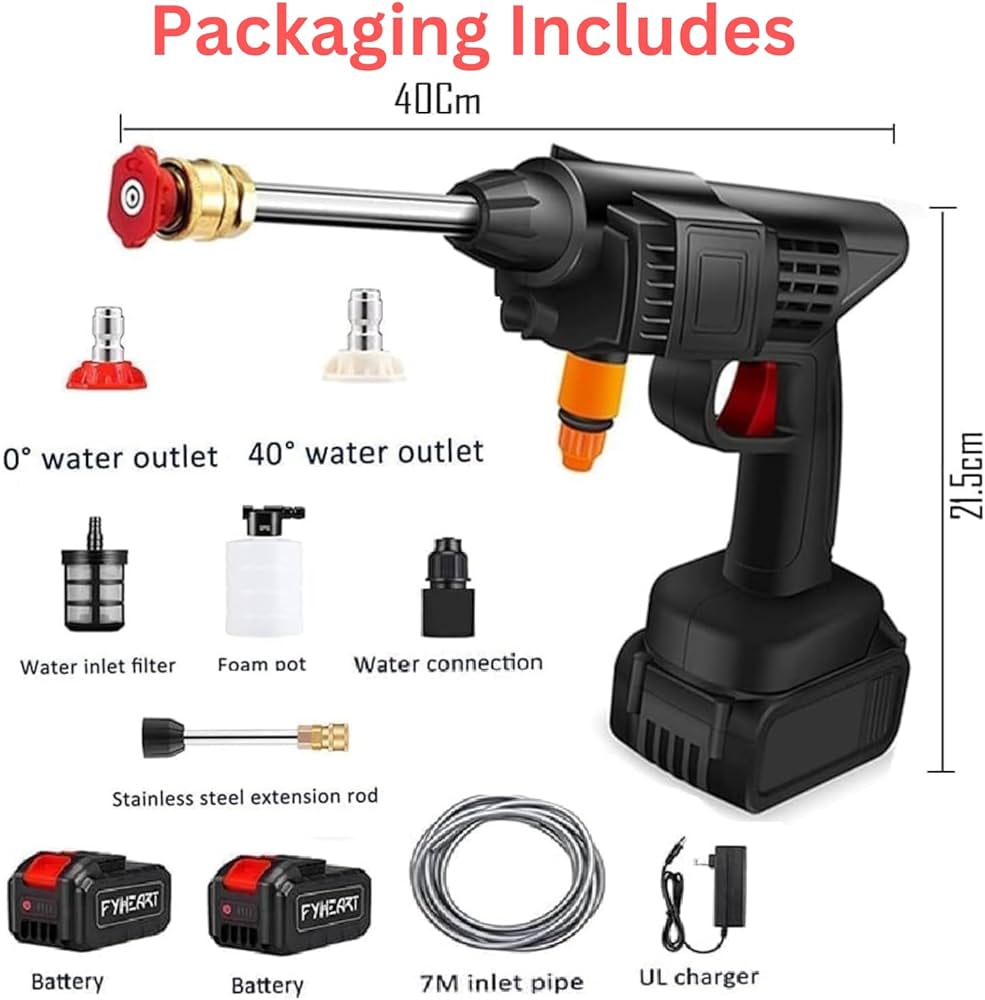 Portable Wireless Car Wash Spray Gun Machine – 48V High-Pressure Washer with 2 Rechargeable Lithium Batteries, Foam Pot, 5M Pipe & Dual Nozzles