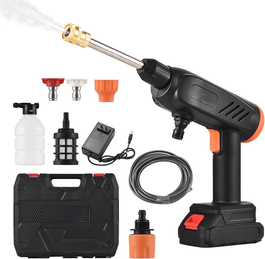 Portable Wireless Car Wash Spray Gun Machine – 48V High-Pressure Washer with 2 Rechargeable Lithium Batteries, Foam Pot, 5M Pipe & Dual Nozzles