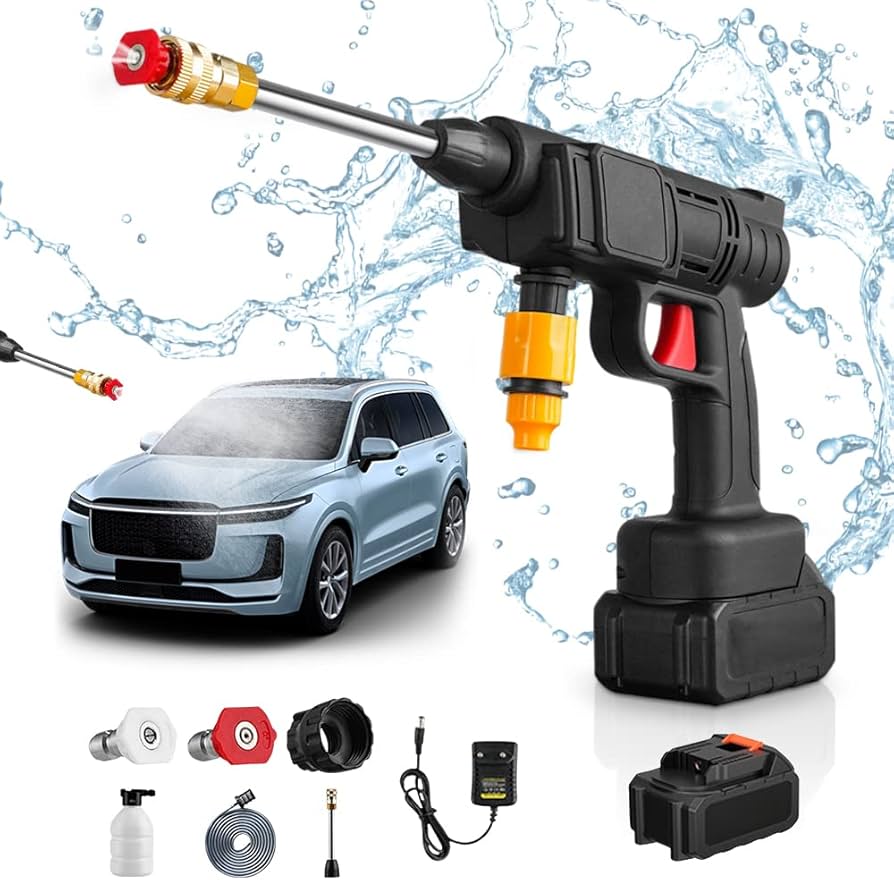 Portable Wireless Car Wash Spray Gun Machine – 48V High-Pressure Washer with 2 Rechargeable Lithium Batteries, Foam Pot, 5M Pipe & Dual Nozzles