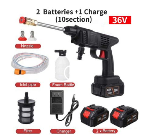 Portable Wireless Car Wash Spray Gun Machine – 48V High-Pressure Washer with 2 Rechargeable Lithium Batteries, Foam Pot, 5M Pipe & Dual Nozzles