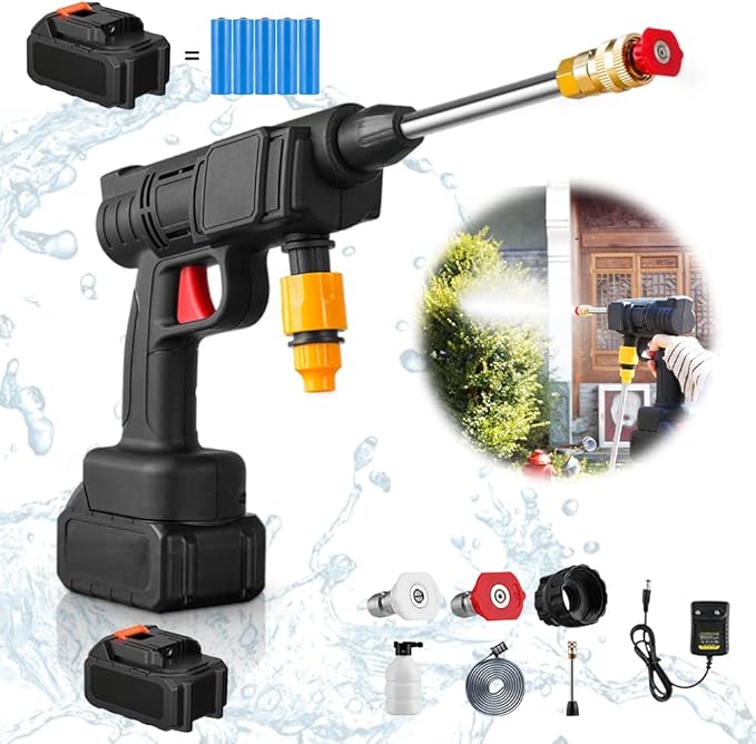 Portable Wireless Car Wash Spray Gun Machine – 48V High-Pressure Washer with 2 Rechargeable Lithium Batteries, Foam Pot, 5M Pipe & Dual Nozzles
