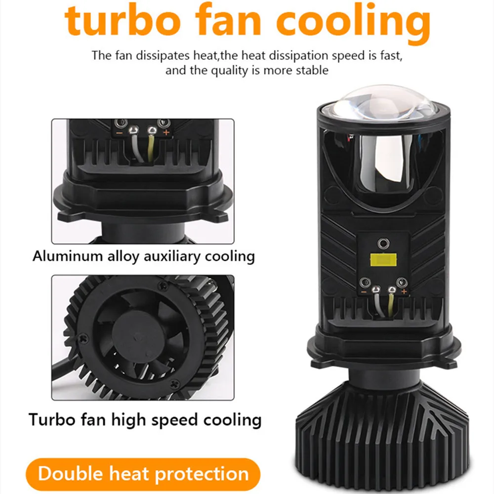2pcs Turbo Fan H4 LED Headlights Car H4 Mini Projector Lens 6000K Super Bright Hi Lo Beam Bulb LED Lights Car Light Lamp