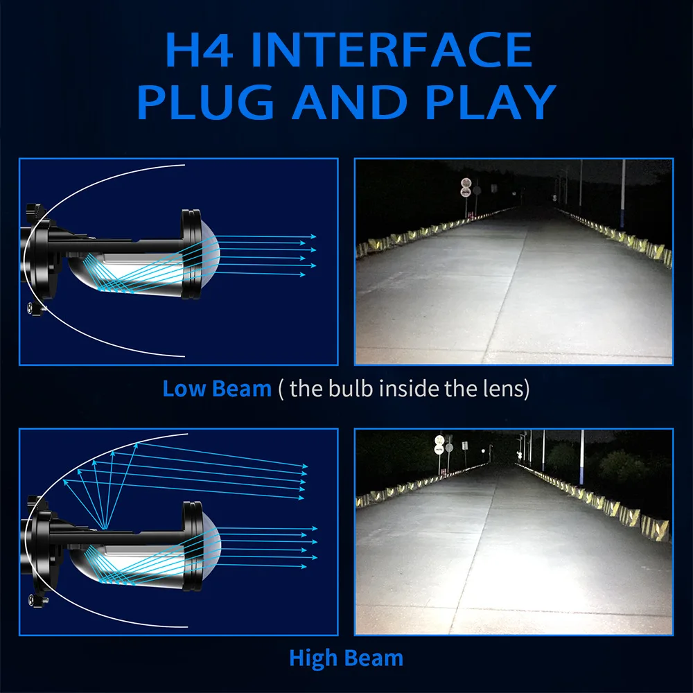 2pcs Turbo Fan H4 LED Headlights Car H4 Mini Projector Lens 6000K Super Bright Hi Lo Beam Bulb LED Lights Car Light Lamp