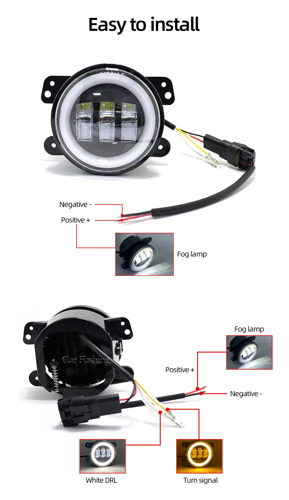 2PCS 4 Inch LED Fog Lights 12V 6000K White Halo Ring DRL Amber Turn Signal Lamp Jeep Wrangler JK TJ LJ Dodge Chrysler