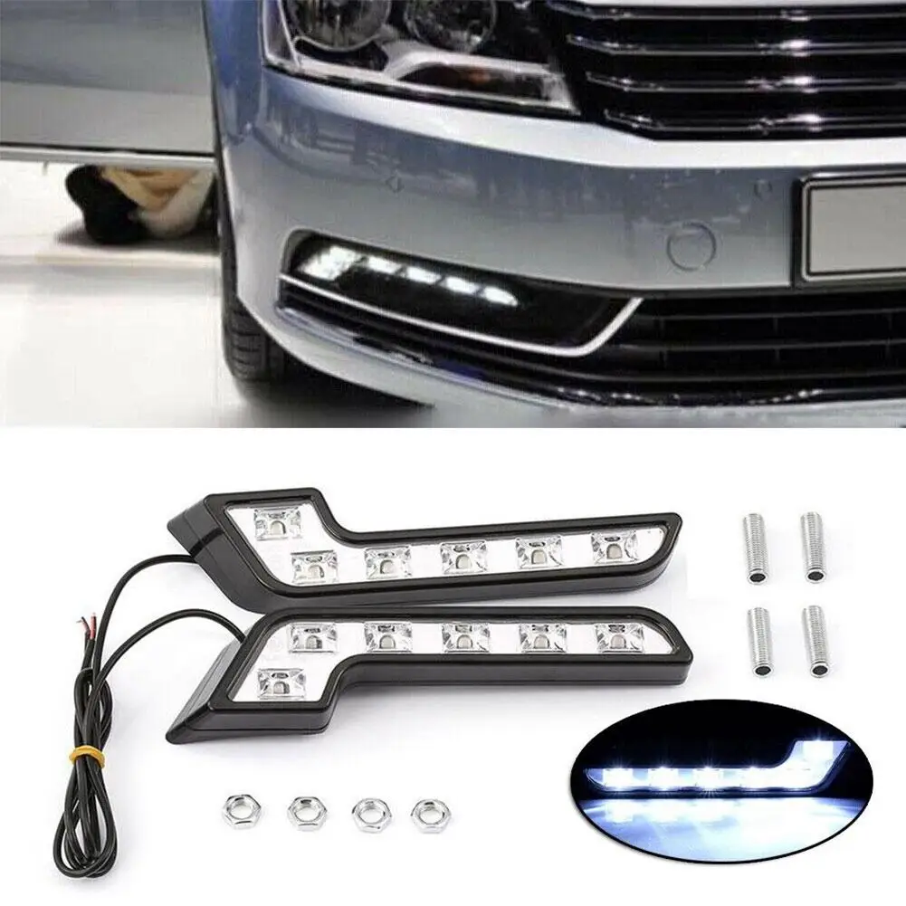 2Pcs Universal LED Car Daytime Running Light 6LED 12V 6000K White L-shaped DRL White Light 660LM Waterproof Driving Fog Lights Accessories