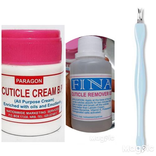 Fina Cuticle Remover Gel & paragon Cuticle Cream + Cuticle Pusher Trimmer Dead Skin Remover