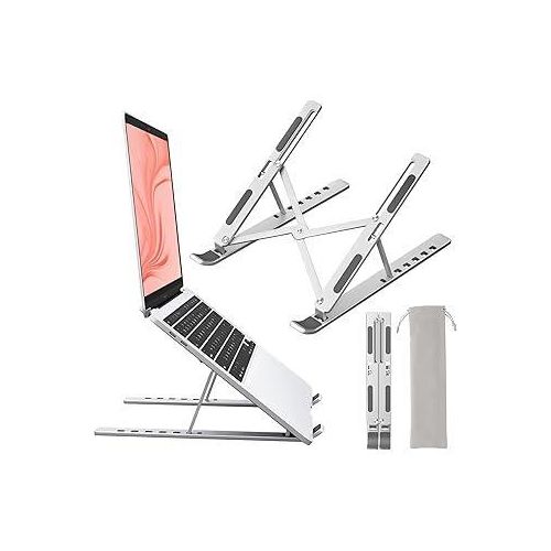 Portable Aluminum Laptop Stand for Desk, 7 Levels Adjustable Height, Foldable Laptop Holder for 9–17Inch Laptops, Tablets and Notebooks, Ergonomic Riser for Office, Home, Travel