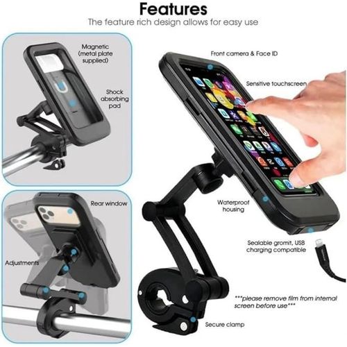 Universal Bike Phone Holder and Motorcycle Phone Mount, Adjustable Secure Handlebar Clamp for iPhone, Samsung Smartphones 4.7-6.8", Quick Install Anti-Shake Phone Strap Included