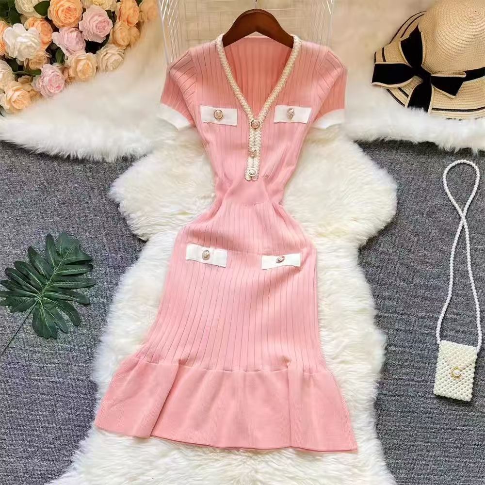 Fashion Knitted Mermaid Dress 2025 New Elegant V-neck Buttons Ribbed Sweater Dress Lady Bodycon Party Vestidos