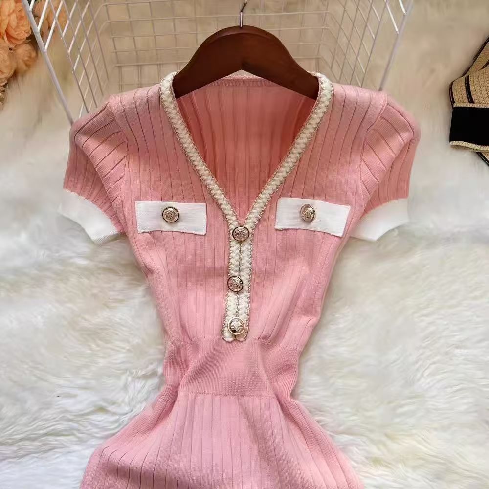 Fashion Knitted Mermaid Dress 2025 New Elegant V-neck Buttons Ribbed Sweater Dress Lady Bodycon Party Vestidos