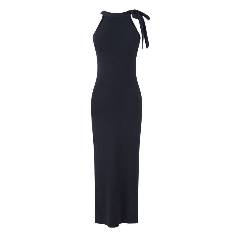 Purple Knit Halter Tie-Waist Slimming Elegant Pencil Dress with High Slit, Summer 2025 New Collection