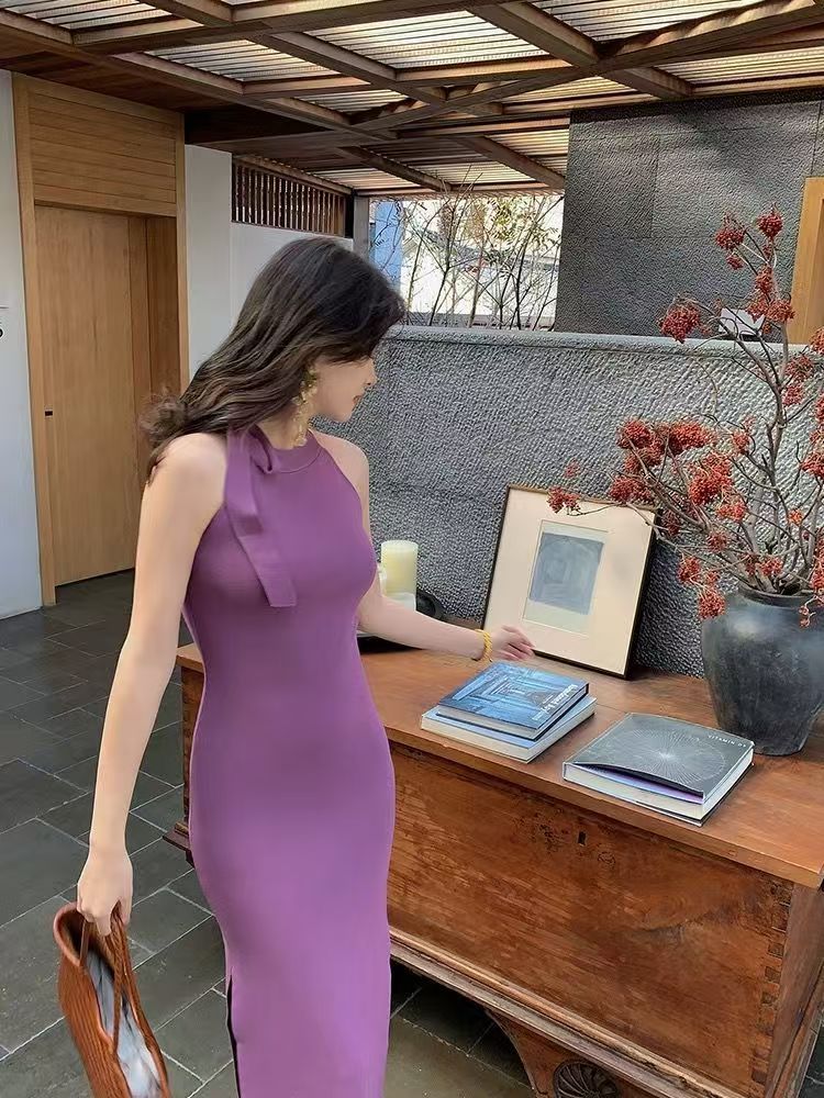 Purple Knit Halter Tie-Waist Slimming Elegant Pencil Dress with High Slit, Summer 2025 New Collection