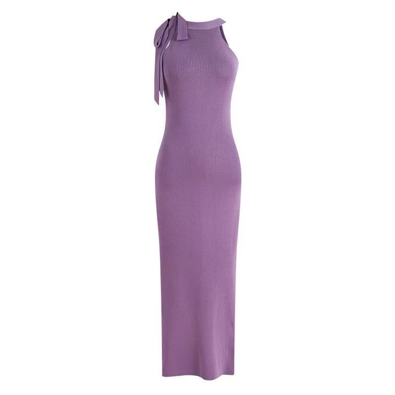 Purple Knit Halter Tie-Waist Slimming Elegant Pencil Dress with High Slit, Summer 2025 New Collection