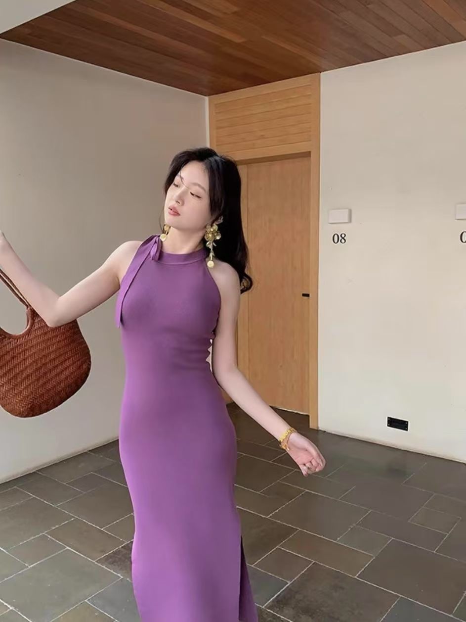 Purple Knit Halter Tie-Waist Slimming Elegant Pencil Dress with High Slit, Summer 2025 New Collection