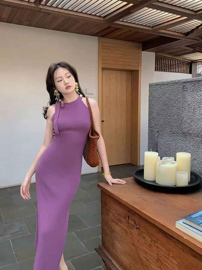 Purple Knit Halter Tie-Waist Slimming Elegant Pencil Dress with High Slit, Summer 2025 New Collection