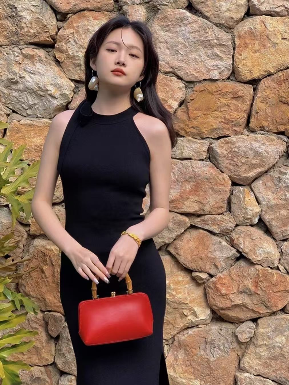 Purple Knit Halter Tie-Waist Slimming Elegant Pencil Dress with High Slit, Summer 2025 New Collection