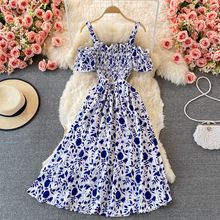 Romantic Floral Print Long Summer Dress Women Fashion Off Shoulders Straps Vacation Beach Dress Korean Party Vestidos