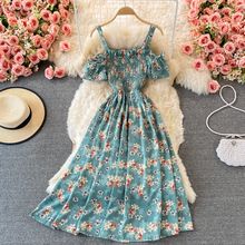 Romantic Floral Print Long Summer Dress Women Fashion Off Shoulders Straps Vacation Beach Dress Korean Party Vestidos