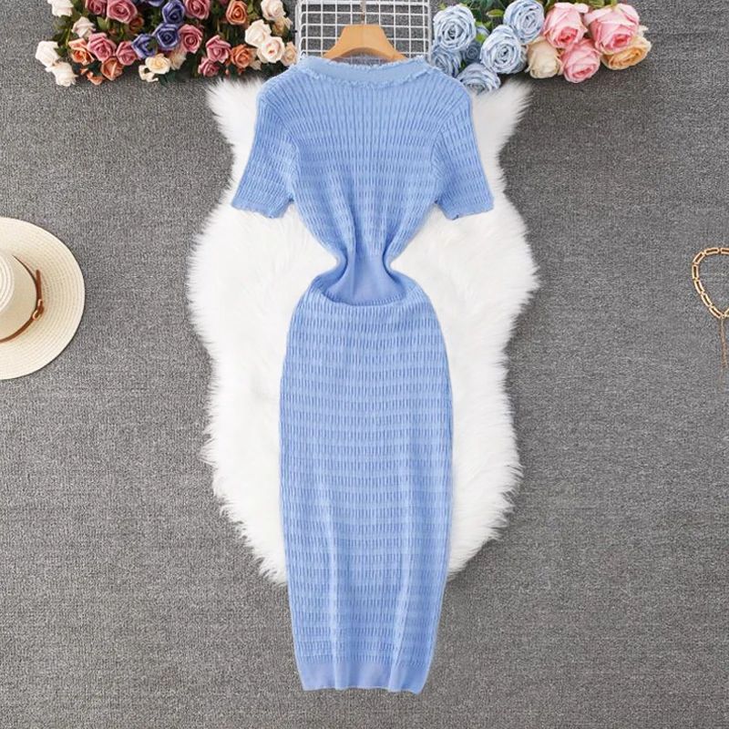 2025 New Arrival Women Knitted Long Dress Elegant V-neck Single-breasted Split Sweater Dress Office Lady Vestidos