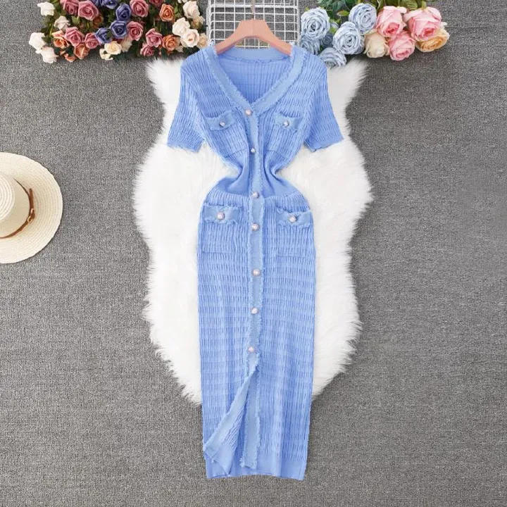 2025 New Arrival Women Knitted Long Dress Elegant V-neck Single-breasted Split Sweater Dress Office Lady Vestidos