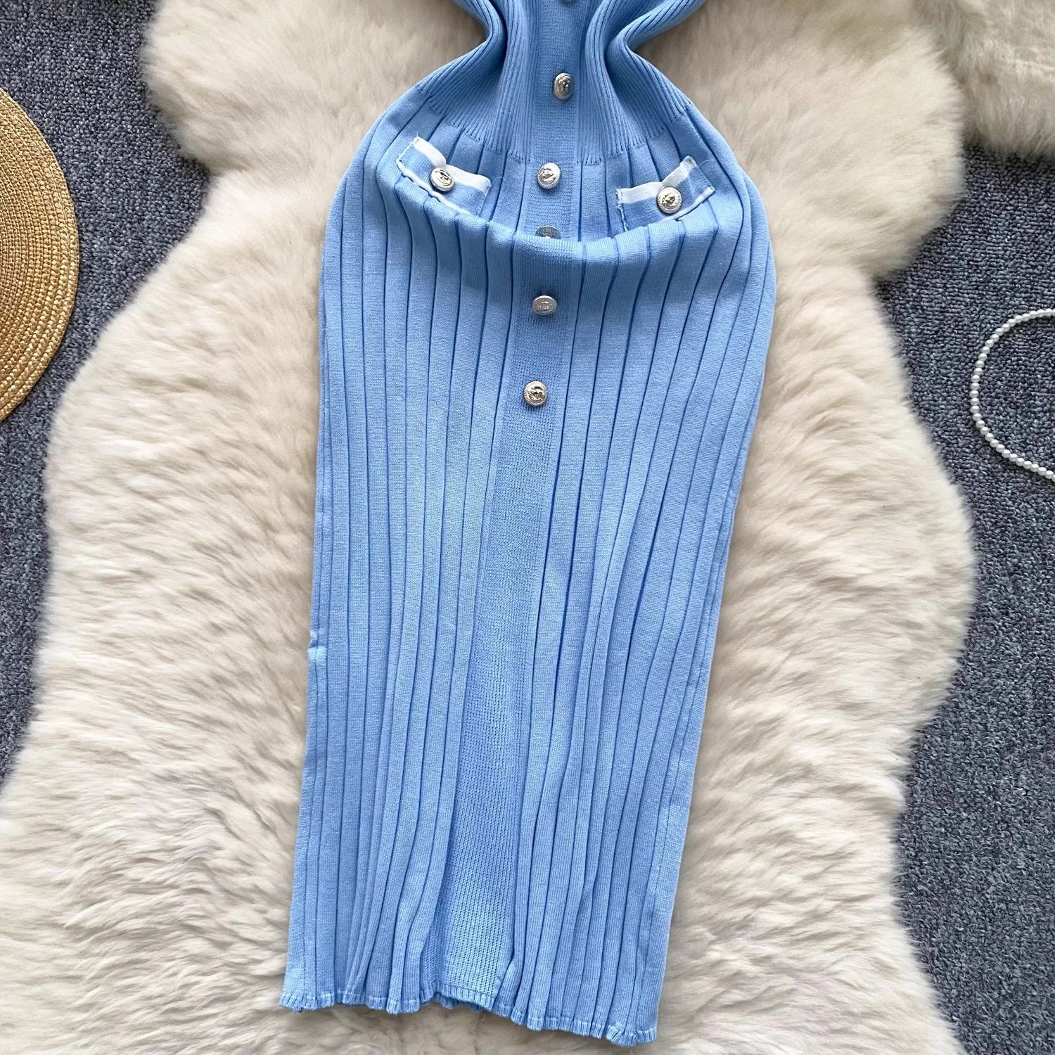 2025 New Arrival Women Knitted Long Dress Elegant V-neck Single-breasted Split Sweater Dress Office Lady Vestidos