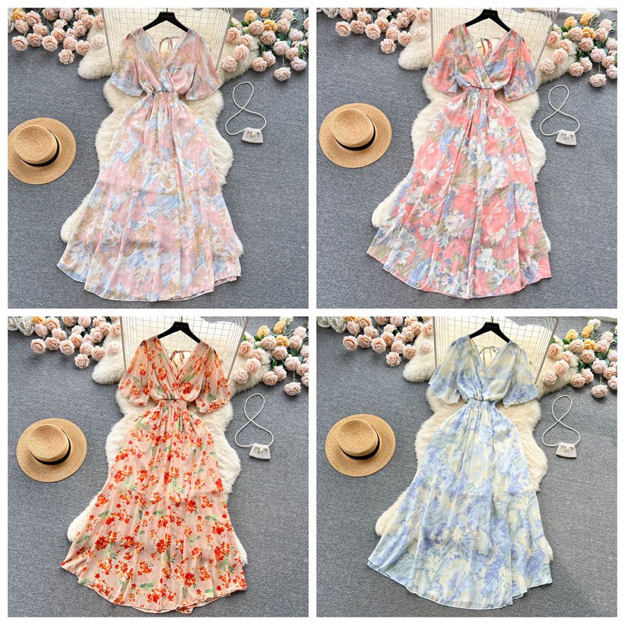 Chiffon Floral Long Dress Korean V-neck Short Sleeve A-line Party Dresses Summer Bohemian Print Beach Vestidos