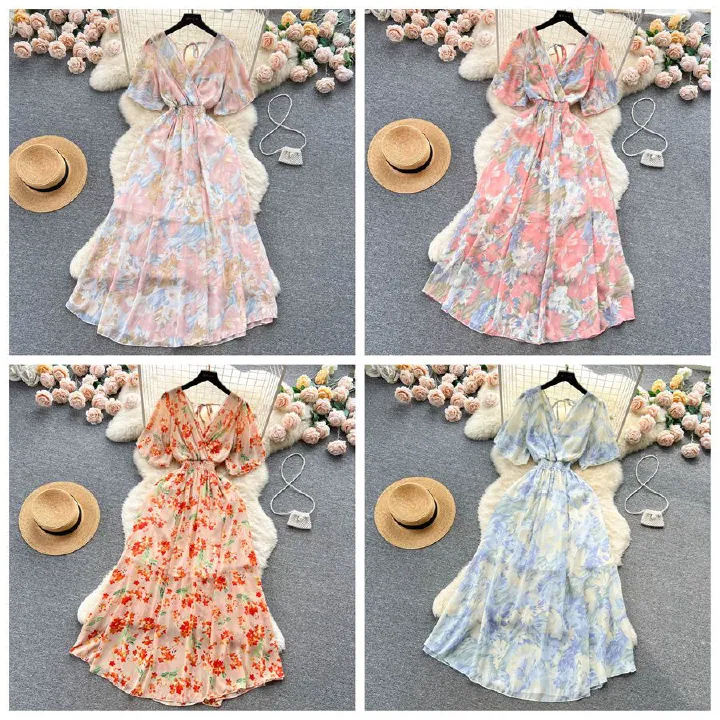 Chiffon Floral Long Dress Korean V-neck Short Sleeve A-line Party Dresses Summer Bohemian Print Beach Vestidos
