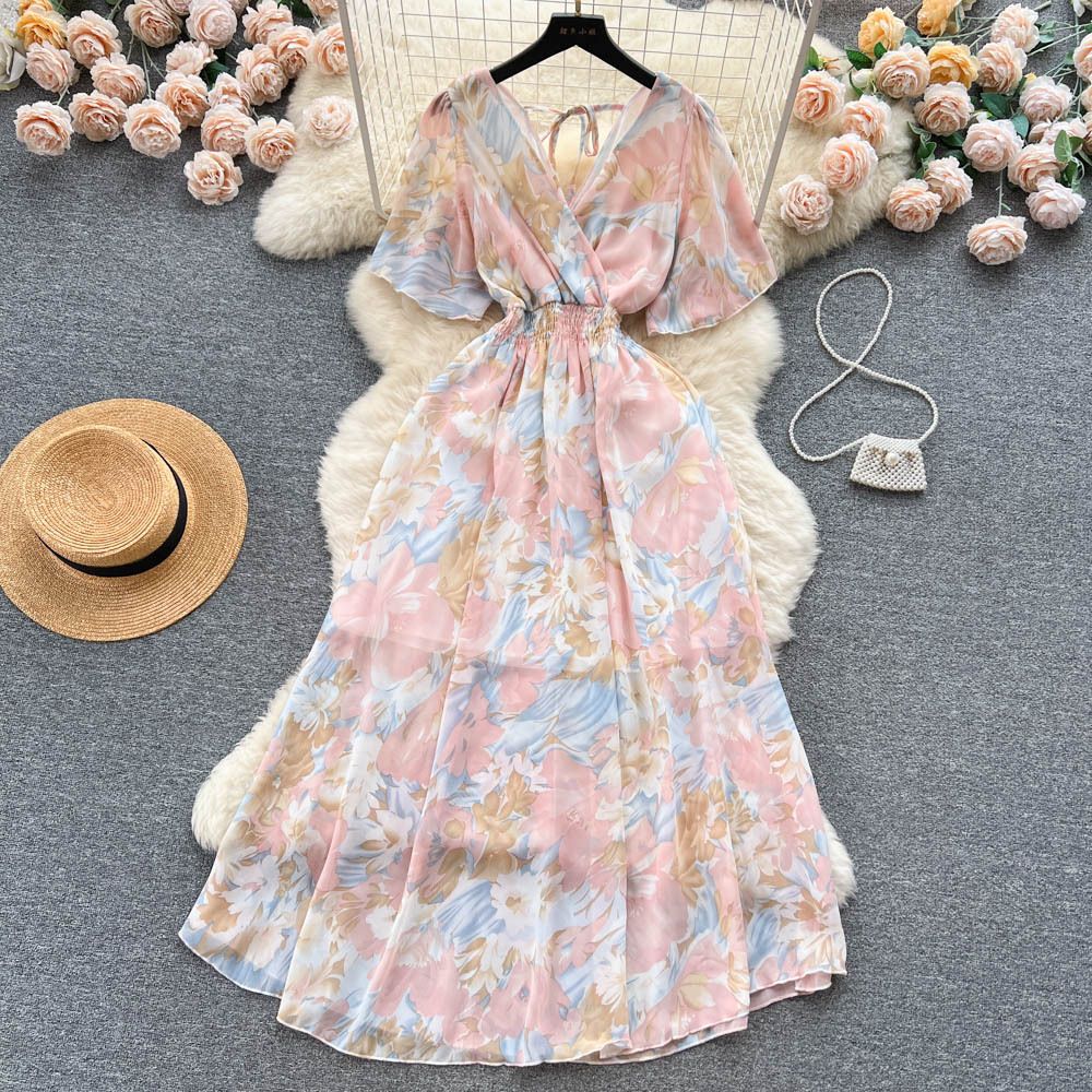 Chiffon Floral Long Dress Korean V-neck Short Sleeve A-line Party Dresses Summer Bohemian Print Beach Vestidos