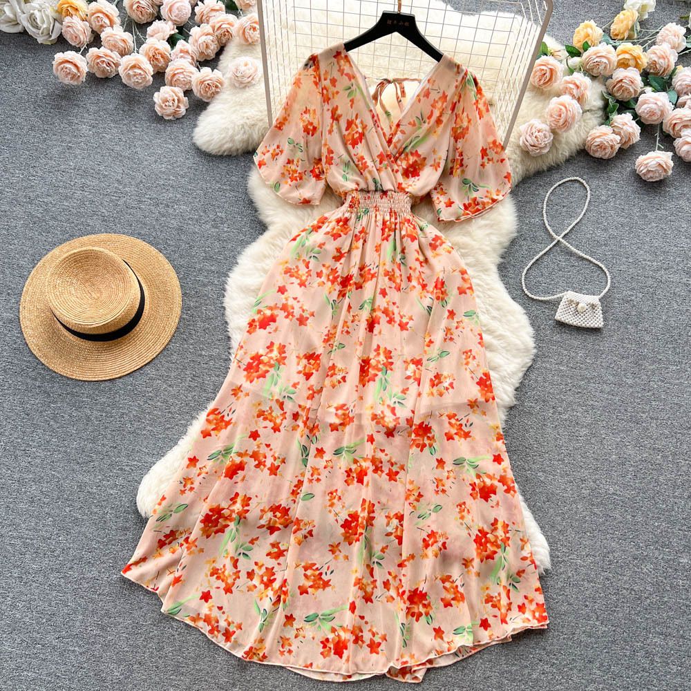 Chiffon Floral Long Dress Korean V-neck Short Sleeve A-line Party Dresses Summer Bohemian Print Beach Vestidos