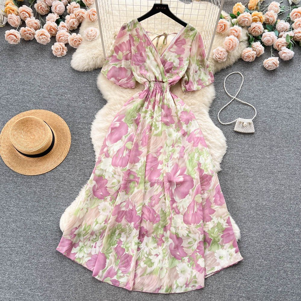 Chiffon Floral Long Dress Korean V-neck Short Sleeve A-line Party Dresses Summer Bohemian Print Beach Vestidos